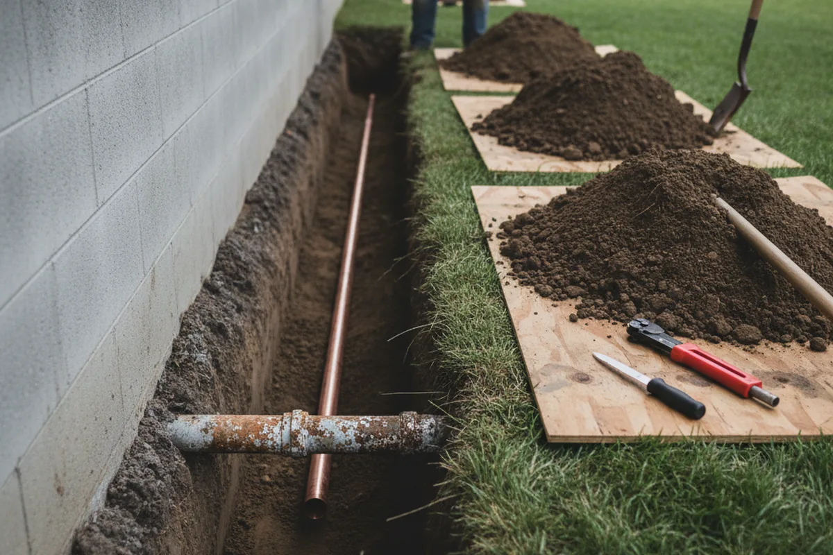 Excavated water line trench during Water Heater Repair in Midvale